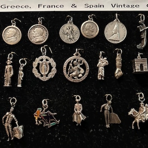 Vintage Italy France Spain Portugal Greece & St. Christopher charms in Sterling 835 1950-70s Sold Separately Prices in Variations