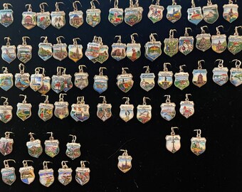 Vintage Hand Painted European Travel Shield Charms in 800 835 silver 1940s to 1950s each Sold Separately @ 12 dollars each