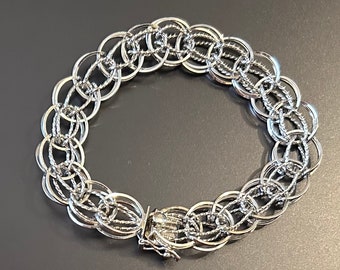 Charm Bracelet Sterling Silver Wire work & textured Double Links Vintage 1960 1970s