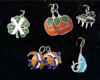 Vintage 1950s - 1960s Enameled Sterling Silver Charms - Teacher Apple Piano Fish Marlin New Added March 22, 2024