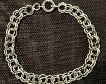 Charm Bracelet Sterling Silver Solid Double Hammered Links Vintage 1960 1970s