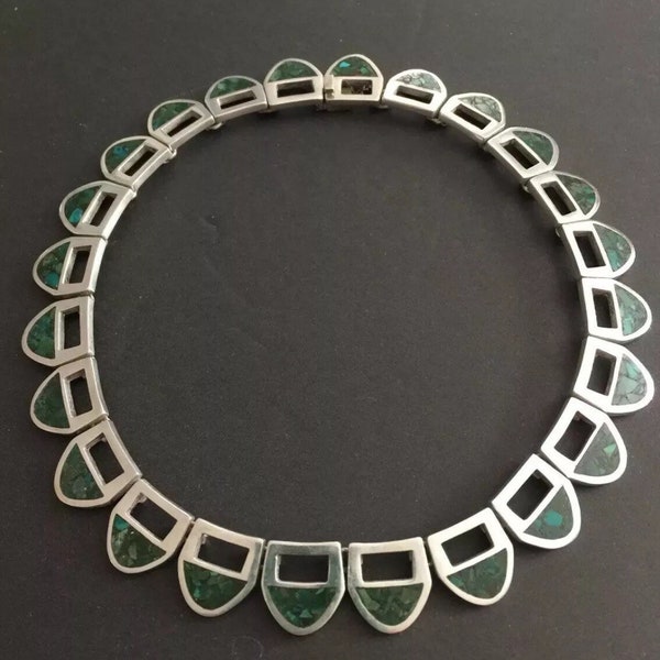 1960s Taxco Mexican Sterling Silver Turquoise Cleopatra Collar Necklace