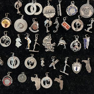 May include: A collection of silver-toned charms with various designs, including palm trees, dolphins, and state outlines. Some charms feature text, such as "Florida" and "The Breakers 1976". The charms are displayed on a black surface.