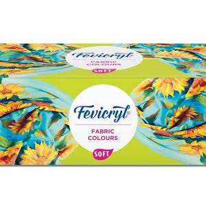 May include: A rectangular box of Fevicryl Fabric Colours. The box is decorated with a vibrant pattern of yellow sunflowers on a teal background. The brand name and product details are displayed in white circles.