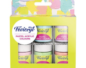 May include: A box set of Fevicryl pastel acrylic colors. The box is yellow with a colorful abstract design on the top. The set includes six small jars of pastel acrylic paints in various colors, including pink, blue, and green.