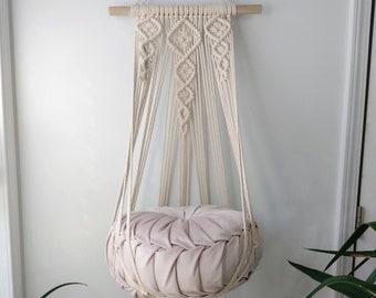 Cat Bed Hammock featuring modern macrame done with 100% cotton rope. Pet supplies, cat beds, pet gifts, cat toys.