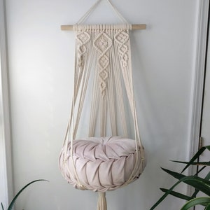 Cat Bed Hammock featuring modern macrame done with 100% cotton rope. Pet supplies, cat beds, pet gifts, cat toys.