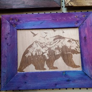 Laser Engraved Bear with Mountain Scene with Birds image with Handmade Rustic Frame