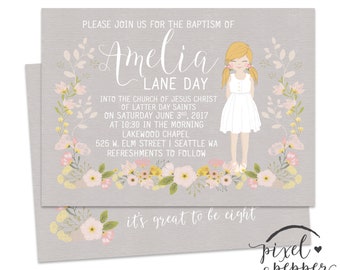 LDS Baptism Invitation, Girl Illustration Portrait, Baptism announcement,  Modern Printable Custom, Floral, Mormon baptism invite