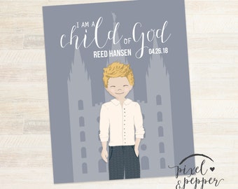 8x10 LDS Baptism Gift, Baptism Print, Mormon Baptism Decoration, LDS Printable, Personalized, I Am A Child Of God, Temple, Boy Cute