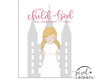 Personalisiertes Taufgeschenk, Druck, Taufdekoration, LDS druckbar, Individualisierbar, Ich bin ein Kind Gottes, Tempel, Bauernhaus, Mädchen, 8