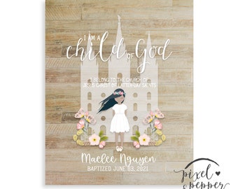 Personalisiertes Taufgeschenk, Druck, Taufdekoration, LDS druckbar, Individualisierbar, Ich bin ein Kind Gottes, Tempel, Bauernhaus, Mädchen, 8
