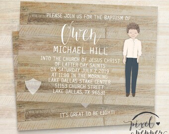 LDS Taufe Einladung, Jungen Illustration Portrait, Taufankündigung, Moderne Druckbare Custom, Grün, Taufe Einladung Taufe Einladung