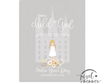 Personalisiertes Tauf-Andenken für Mädchen, Geschenk, Taufdekoration LDS druckbar, 8x10 Anpassbar, Ich bin ein Kind Gottes, Tempel 8 Jahre alt