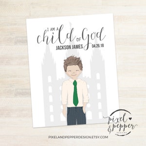 8x10 LDS Baptism Gift, Baptism Print, Mormon Baptism Decoration, LDS Printable, Personalized, I Am A Child Of God, Temple, Boy Cute