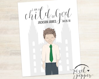8x10 LDS Baptism Gift, Baptism Print, Mormon Baptism Decoration, LDS Printable, Personalized, I Am A Child Of God, Temple, Boy Cute