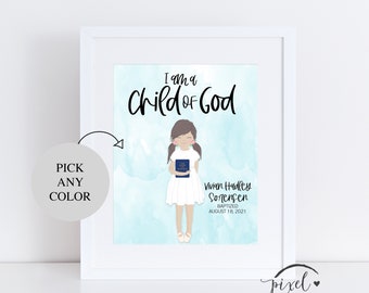 Personalisiertes Taufgeschenk, Druck, Taufe Dekoration, LDS druckbar, Individualisierbar, Ich bin ein Kind Gottes, Tempel, Aquarell, Mädchen, 8 Jahre alt