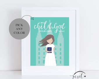 Personalized Baptism Gift, Print, Baptism Decoration, LDS Printable, Customize, I Am A Child Of God, Temple, Farmhouse, Girl, 8