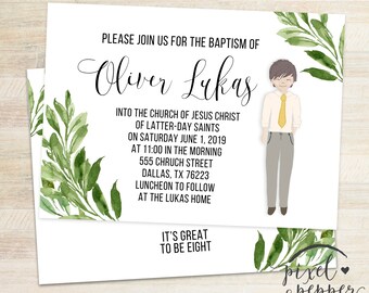 LDS Taufe Einladung, Jungen Illustration Portrait, Taufe Ankündigung, Moderne Druckbare Custom, Grün, Taufe Einladung