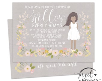 LDS Taufe Einladung, Mädchen Illustration Portrait, Taufe Ankündigung, Moderne Druckbare Custom, Floral, Taufe Einladung