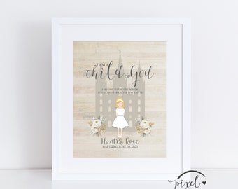 Personalisiertes Taufgeschenk, Druck, Taufdekoration, LDS druckbar, Individualisierbar, Ich bin ein Kind Gottes, Tempel, Bauernhaus, Mädchen, 8