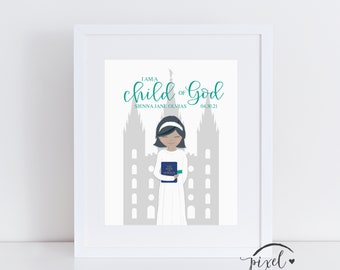 Personalisiertes Taufgeschenk, Druck, Taufdekoration, LDS druckbar, Individualisierbar, Ich bin ein Kind Gottes, Tempel, Bauernhaus, Mädchen, 8