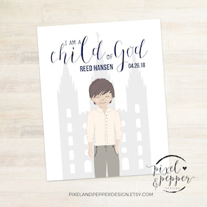 8x10 LDS Baptism Gift, Baptism Print, Mormon Baptism Decoration, LDS Printable, Personalized, I Am A Child Of God, Temple, Boy Cute