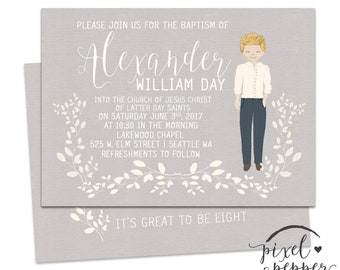 LDS Taufe Einladung, Jungen Illustration Portrait, Taufe Ankündigung, Moderne Druckbare Custom, Floral, Taufe Einladung