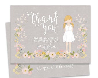 LDS Taufe Dankeskarte, Mädchen Illustration Portrait, Taufankündigung, Moderne Druckbare Custom, Floral, Taufe Einladung