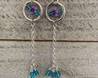 Flower Earrings, Long Earrings, Flower Jewelry, Floral Earrings, Long Purple Flower Earrings