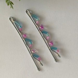 Beaded Hair Pins, Beaded Bobby Pins for Thin Fine Hair, Easter Basket Stuffer for Girls, Pink and Blue Hair Slides