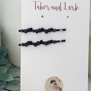 MINI Bobby Pins for Fine Hair, Blue and Black Beaded Hair Pins, Grandma Gift