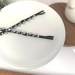 Large Beaded Bobby Pins, Silver Gray Pearl Bobby Pins, Set of Two Hair Slides