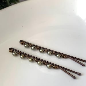 Green Glass Pearl Bobby Pins, Set of Two Hair Slides, Beaded Hair Clips, Decorative Hair Jewelry