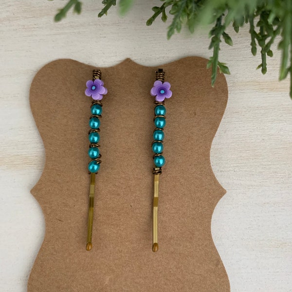 Flower Bobby Pin Set, Purple Floral Set of Two Hair Slides, Teal and Purple Hair Clips, Bright Fun Floral Bobby Pins