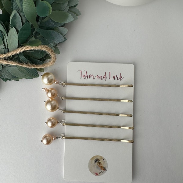 Classic Pearl Bobby Pin Set, Light Pink Pearl Hair Slides, Decorative Light Peach Barrettes