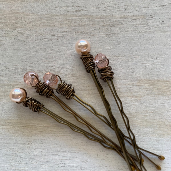 Classic Pearl Bobby Pin Set, Pink Pearl and Crystal Hair Slides, Decorative Light Pink Barrettes