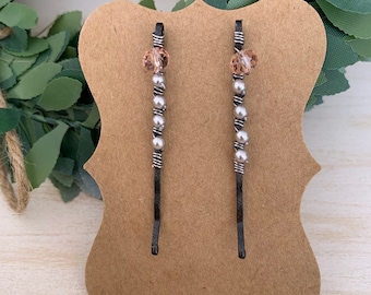 Silver Gray Glass Pearl Bobby Pins, Gray and Pink Hair Pins, Set of Two Hair Slides, Light Grey Hair Clips