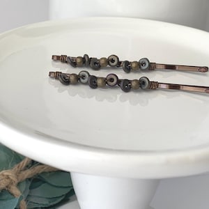 Gray Green Bobby Pins, Set of Two Hair Slides, Beaded Hair Clips, Decorative Hair Jewelry