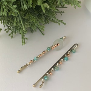 Sea Glass Bobby Pins, Beachy Hair Clips, Set of Two Hair Slides, Green Hair Clips