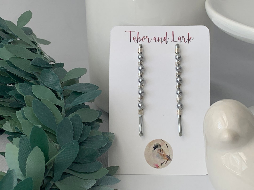 Silver Gray Glass Pearl Bobby Pins, Set of Two Hair Slides  display picture 2