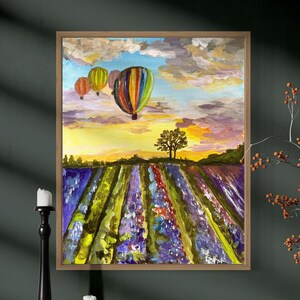 Original Acrylic Painting | Lavender Field with Hot Air Balloon | Handmade Nature Art | Vibrant Wall Decor Gift | Unique Artwork for Home