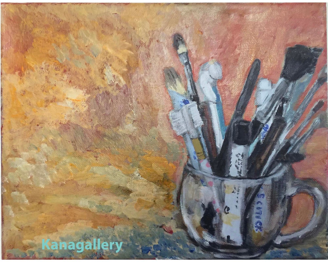 Original Acrylic Painting on Canvas Still Life Makeup Brushes Oil Etsy