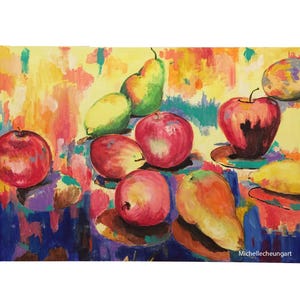 May include: A still life painting of fruit on a colorful background. The painting features apples, pears, and mangoes in shades of red, yellow, and green. The background is a vibrant mix of blues, purples, and yellows.
