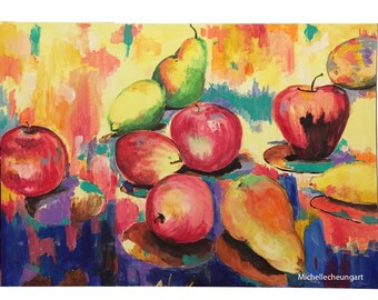 May include: A still life painting of fruit on a colourful background. The painting features apples, pears, and mangoes in shades of red, yellow, and green. The background is a vibrant mix of blues, purples, and yellows.