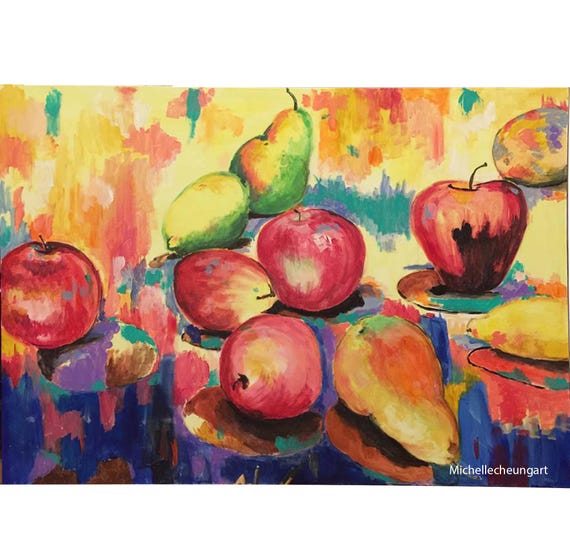 Original Fruit Art, Fruit Still Life Art, Abstract Fruit Painting, Pear Painting, Abstract Apple Art, Peach Still Life, Lemon Painting