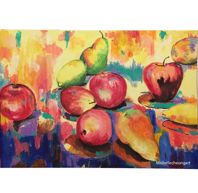 May include: A still life painting of fruit on a colorful background. The painting features apples, pears, and mangoes in shades of red, yellow, and green. The background is a vibrant mix of blues, purples, and yellows.