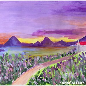 Lavender field, a little village church scene printable