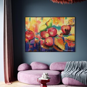 May include: A colorful abstract painting of a still life with fruit. The painting features pears, apples, and other fruit in shades of red, yellow, green, and orange. The background is a vibrant mix of colors.