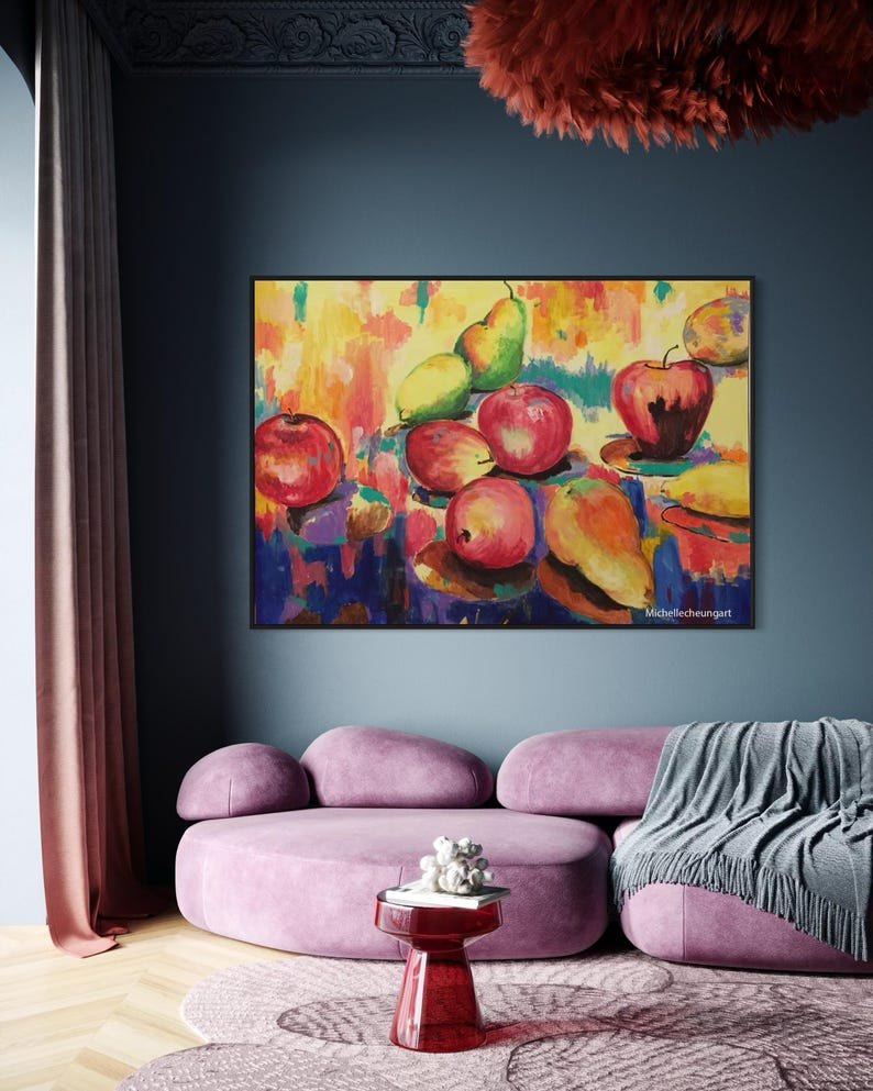 May include: A colorful abstract painting of a still life with fruit. The painting features pears, apples, and other fruit in shades of red, yellow, green, and orange. The background is a vibrant mix of colors.